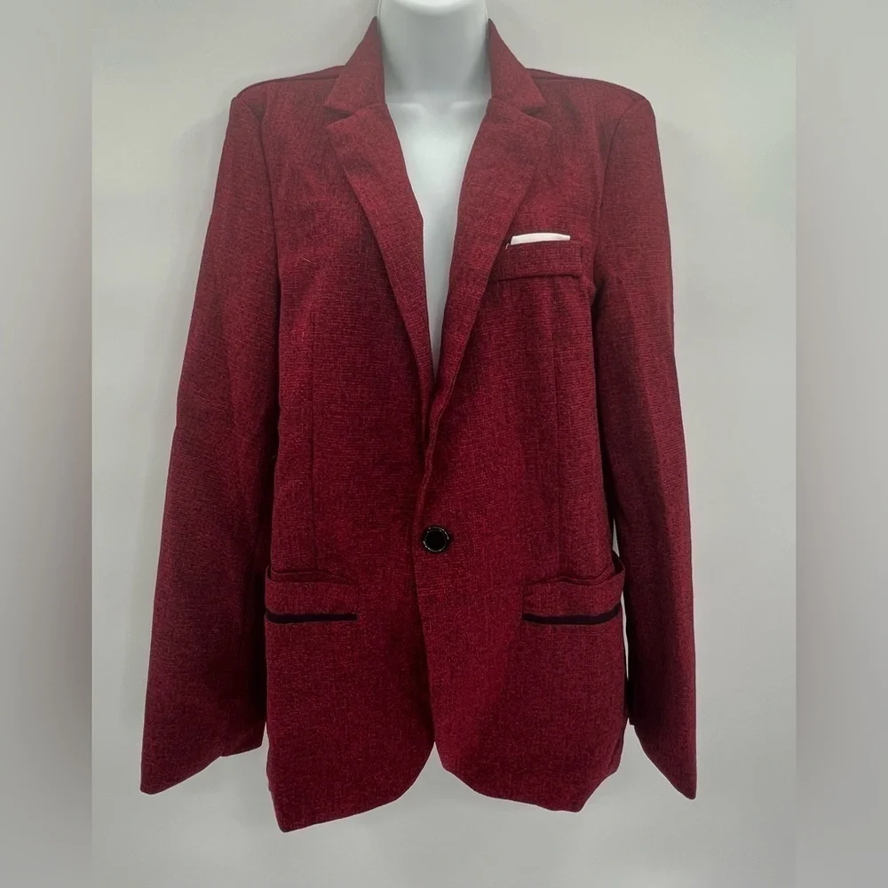 Women's Tweed Herringbone Blazer Jacket - Wine Red Classic Vintage, Size L